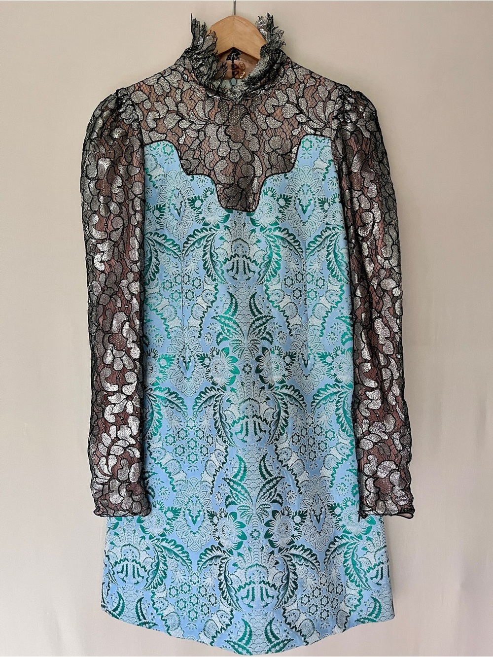 Lanvin Winter 2016 Metallic Lace Brocade Dress FR 40 Made in France